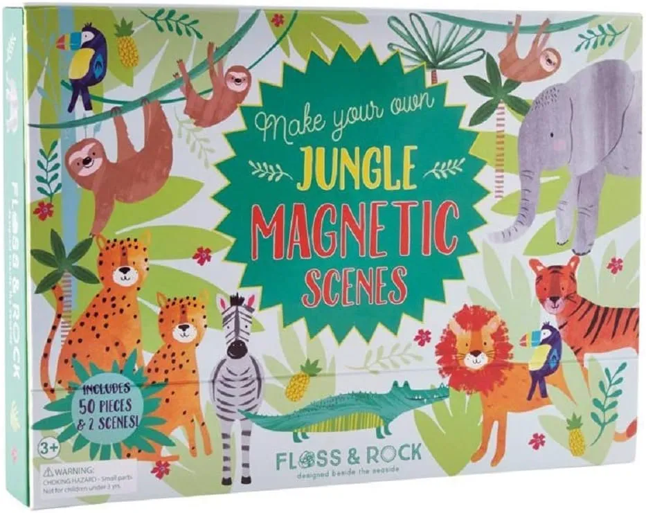 Floss & Rock Magnetic Jungle Playset - Create Animal Stories with 50 Magnetic Pieces - Zoo & Safari Backdrops - Educational Toy for Kids Portable with Handy Storage Drawer for At-Home or On-the-Go Fun