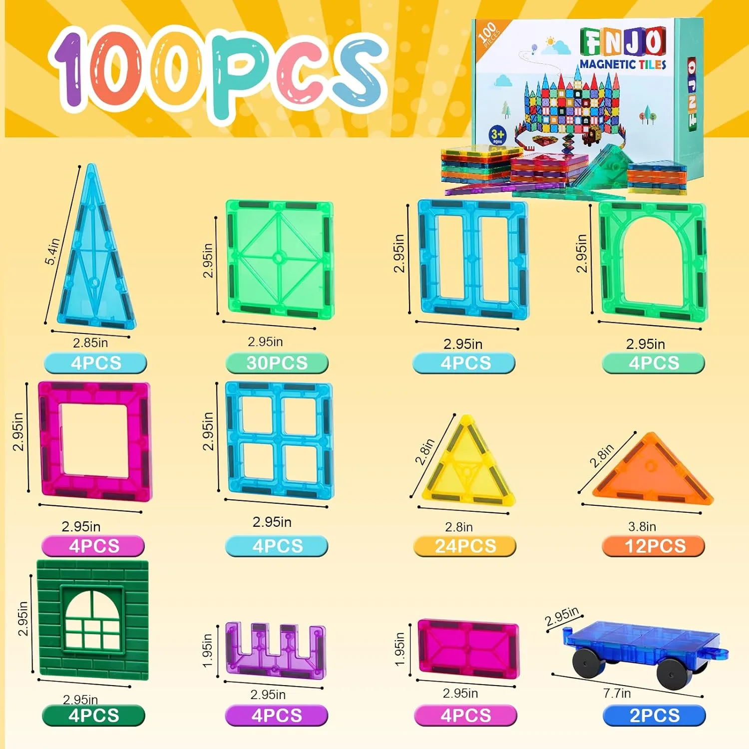 FNJO Magnetic Tiles, 100PCS Building Blocks, Magnets Building Set, STEM Construction Stacking Toy Gift for Kids 3  Boys and Girls Preschool Kindergarden Toy