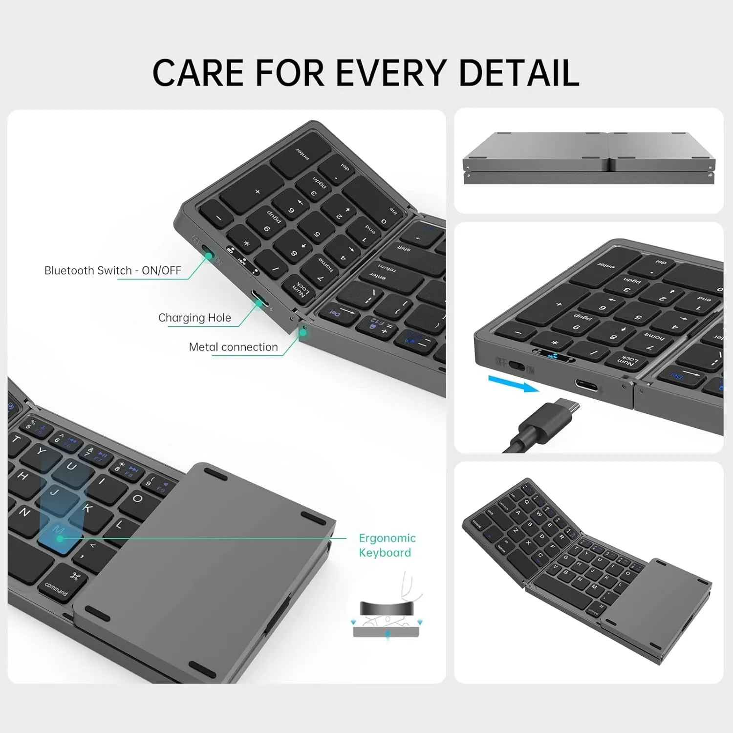 Foldable Bluetooth Keyboard, Wireless Portable with Numeric Keypad, USB-C Rechargeable Travel Keyboard for Laptop, Tablet, iPad, Smartphone (Black)