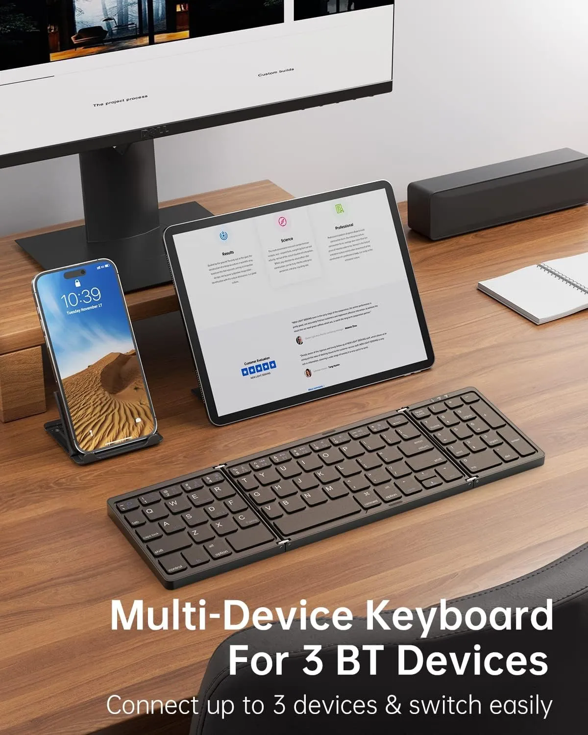 Foldable Bluetooth Keyboard, Wireless Portable with Numeric Keypad, USB-C Rechargeable Travel Keyboard for Laptop, Tablet, iPad, Smartphone (Black)