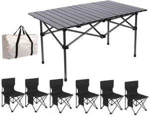 Folding Beach Picnic Tables Collapsible Backpack Lawn Chair Camping Folding Chair Set with Roll up Carbon Steel Table for More People Party, BBQ