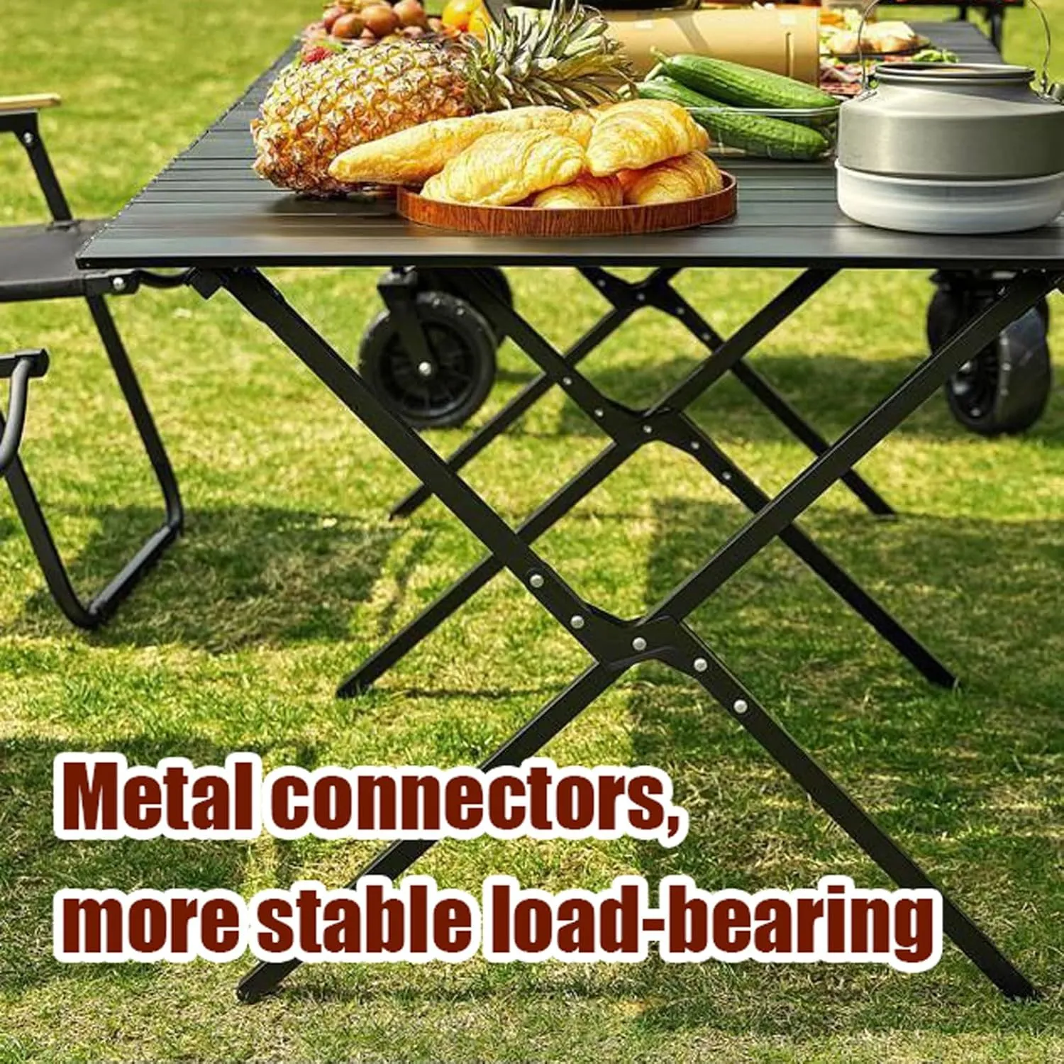 Folding Camping Table and Chair Sets, Portable Camp Chairs Sets with Lightweight Roll up Carbon Steel Picnic Table Foldable Lawn Chair with Carrying Bag, 9PCS-Walnut, 53cm-black-5pcs