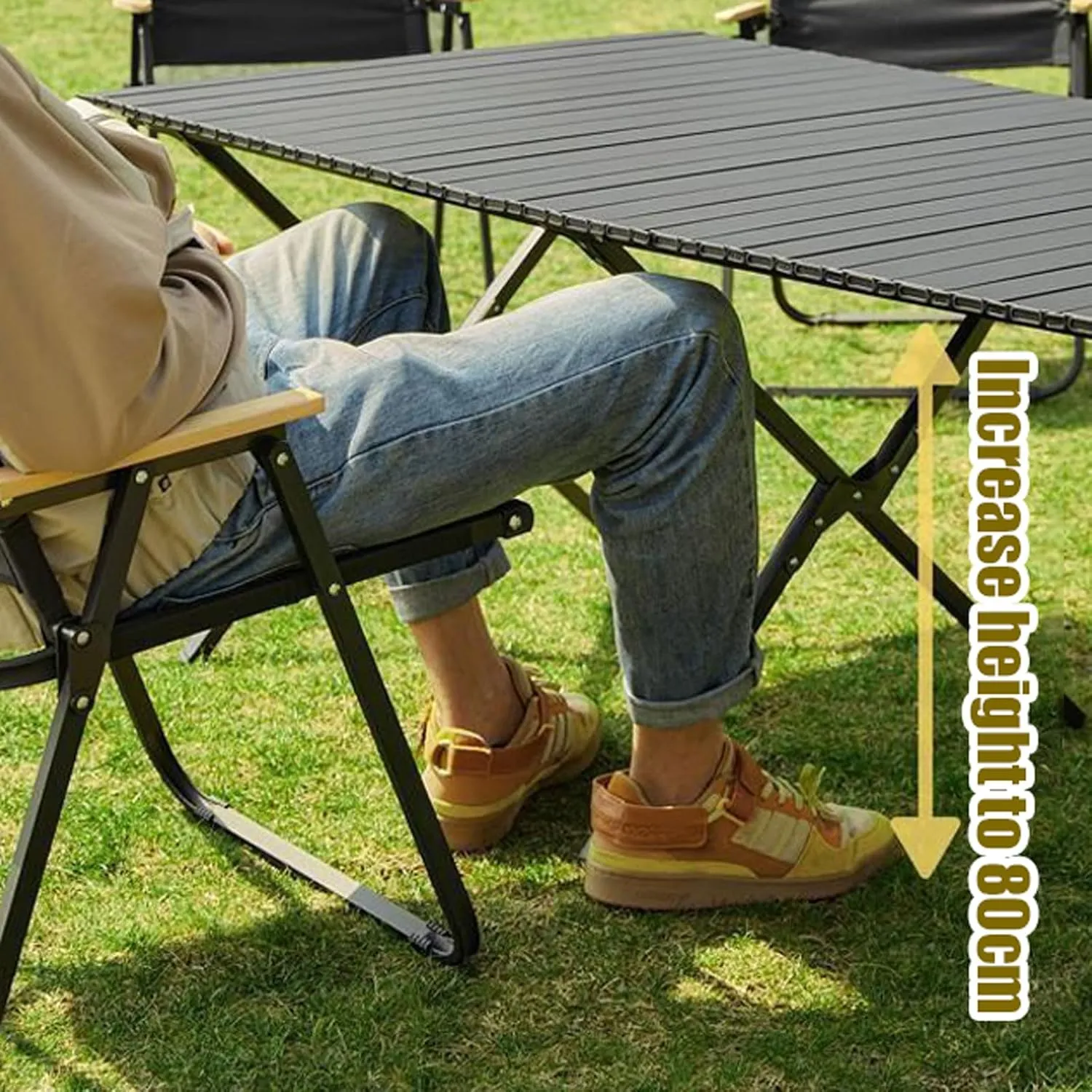 Folding Camping Table and Chair Sets, Portable Camp Chairs Sets with Lightweight Roll up Carbon Steel Picnic Table Foldable Lawn Chair with Carrying Bag, 9PCS-Walnut, 53cm-black-5pcs