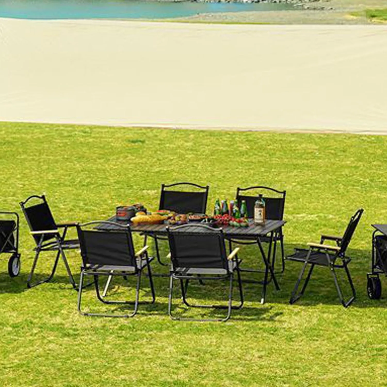Folding Camping Table and Chair Sets, Portable Camp Chairs Sets with Lightweight Roll up Carbon Steel Picnic Table Foldable Lawn Chair with Carrying Bag, 9PCS-Walnut, 53cm-black-5pcs
