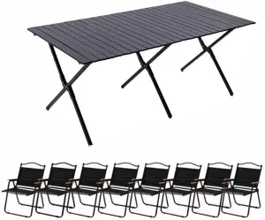 Folding Camping Table and Chair Sets, Portable Camp Chairs Sets with Lightweight Roll up Carbon Steel Picnic Table Foldable Lawn Chair with Carrying Bag, 9PCS-Walnut, 53cm-black-5pcs