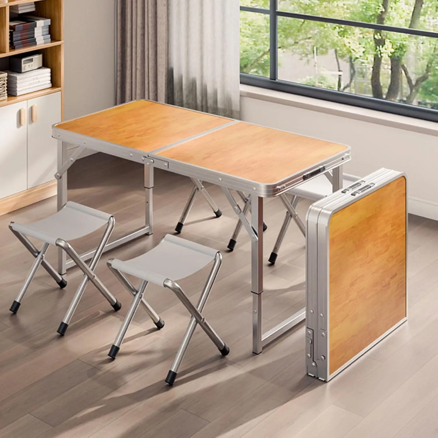 Folding Camping Table and Foldable Stool Set, Adjustable Height Aluminum Camping Table Portable Picnic Dining Chairs Lightweight Folding Table w/Handle