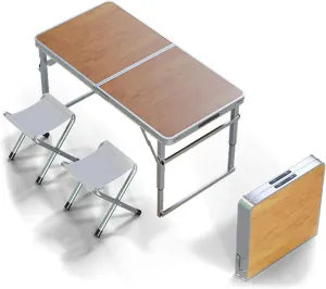 Folding Camping Table and Foldable Stool Set, Adjustable Height Aluminum Camping Table Portable Picnic Dining Chairs Lightweight Folding Table w/Handle