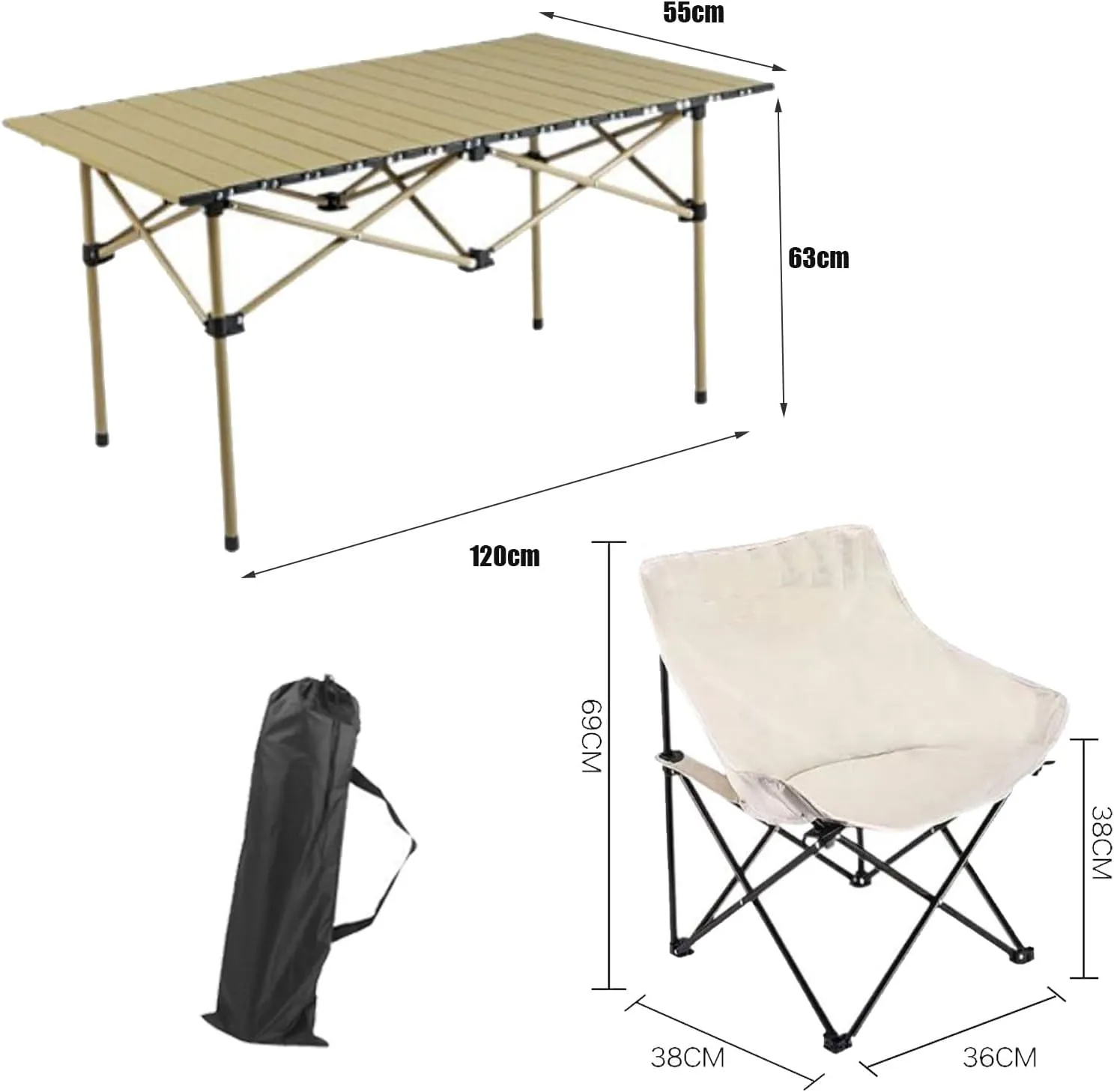 Folding Camping Table with Chairs Set, Portable Lightweight Carbon Steel Picnic Table Camp Chairs Lawn Chair with Storage Bag, for Hiking Picnic Party, Black-120cm-7pcs