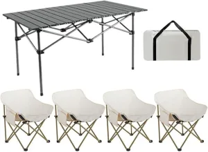 Folding Camping Table with Chairs Set, Portable Lightweight Carbon Steel Picnic Table Camp Chairs Lawn Chair with Storage Bag, for Hiking Picnic Party, Black-120cm-7pcs