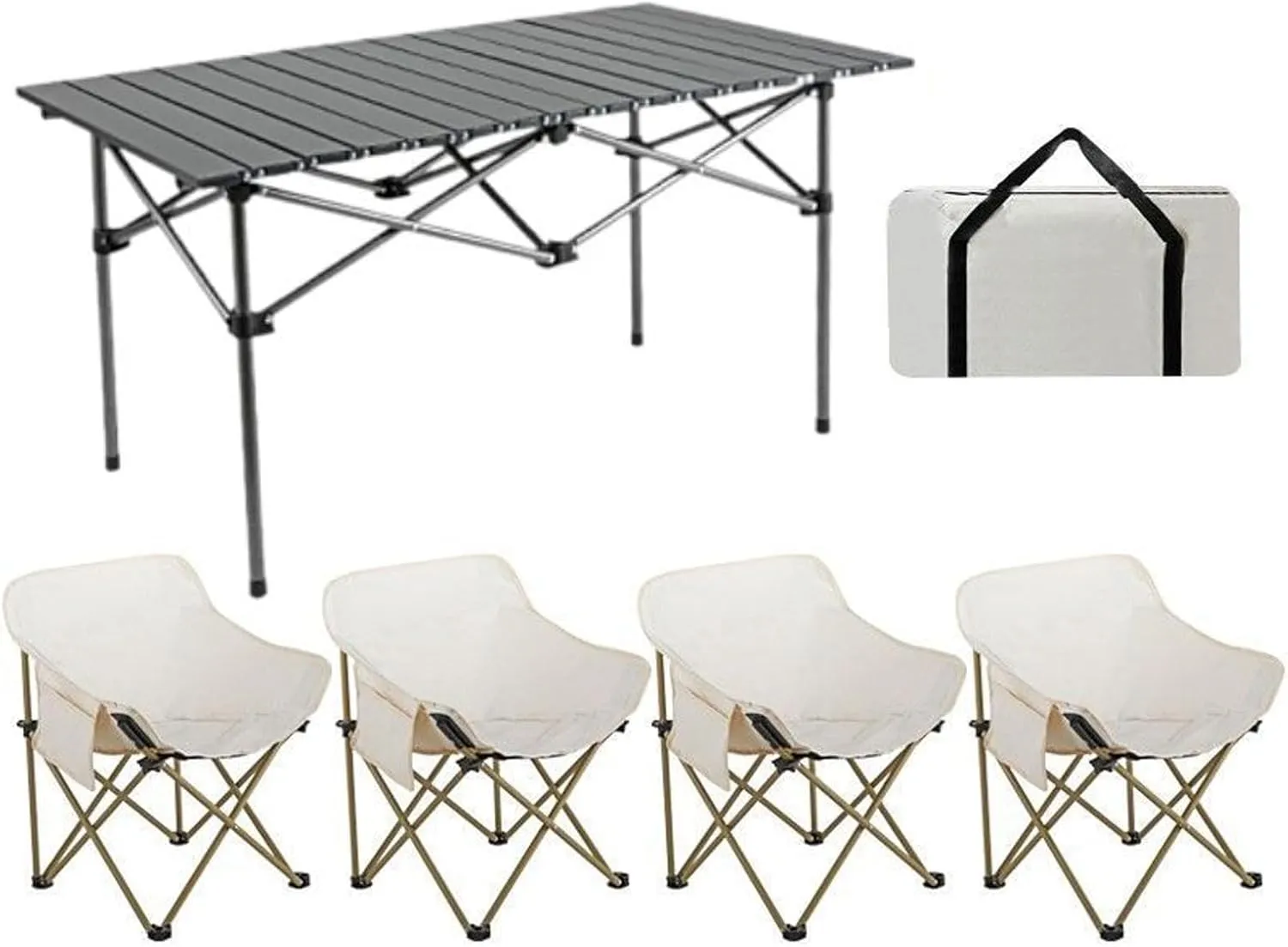 Folding Camping Table with Chairs Set, Portable Lightweight Carbon Steel Picnic Table Camp Chairs Lawn Chair with Storage Bag, for Hiking Picnic Party, Black-120cm-7pcs