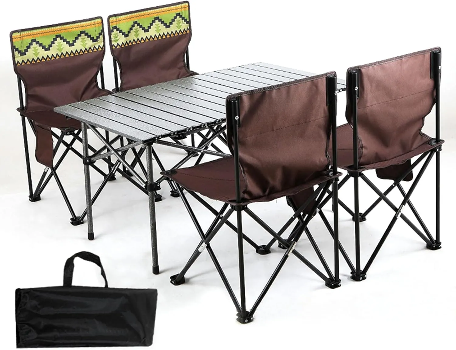 Folding Camping Table with Seats, Portable Aluminum Picnic Table and Collapsible Chairs with Carrying Storage Bag, Compact Patio Table Chairs for Indoor Outdoor, Brown
