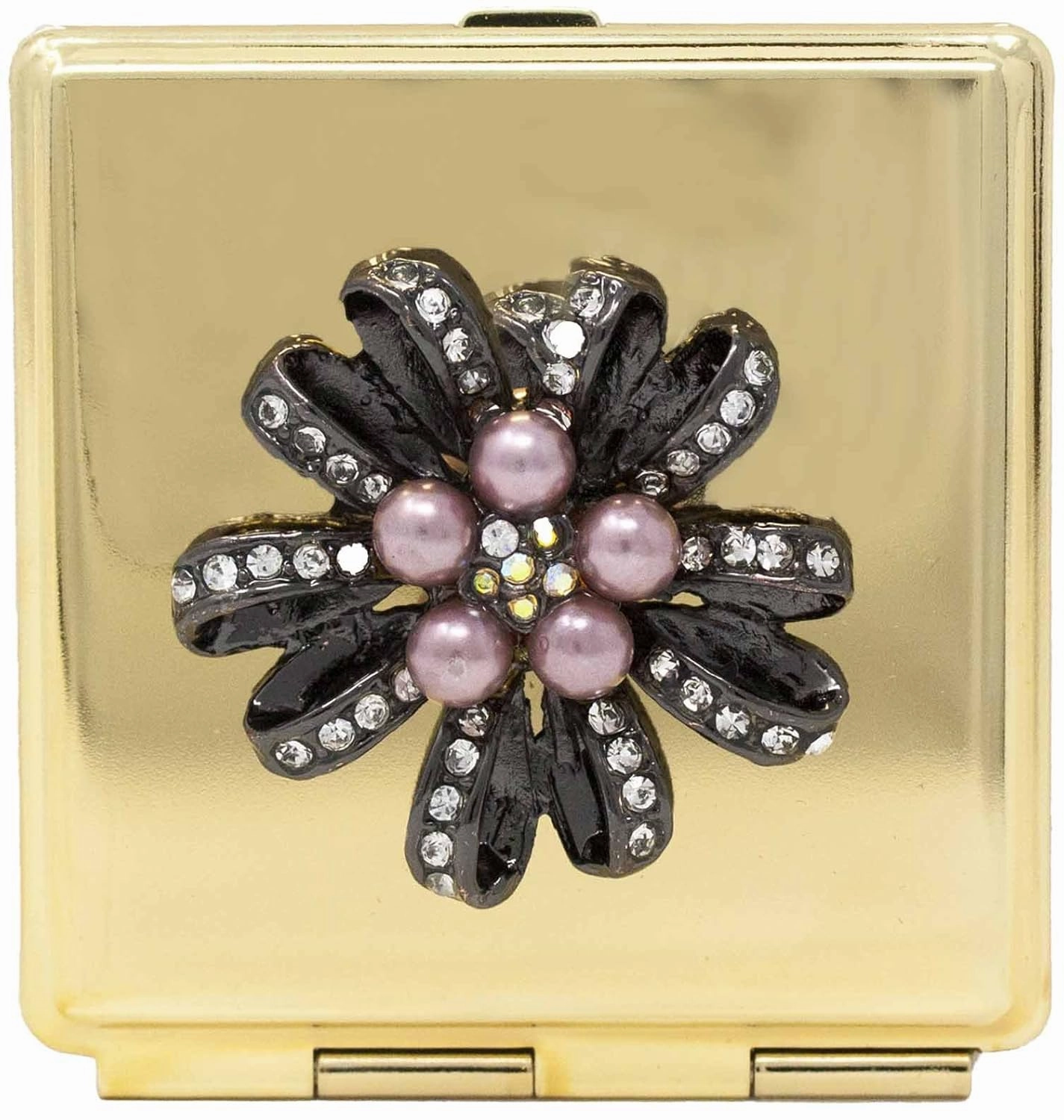 Folding Compact Pocket Makeup Mirror With Swarovski Rhinestone Crystals Double Sided (5x magnification   1x magnification) (Golden Flower (Square))
