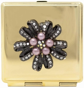 Folding Compact Pocket Makeup Mirror With Swarovski Rhinestone Crystals Double Sided (5x magnification   1x magnification) (Golden Flower (Square))