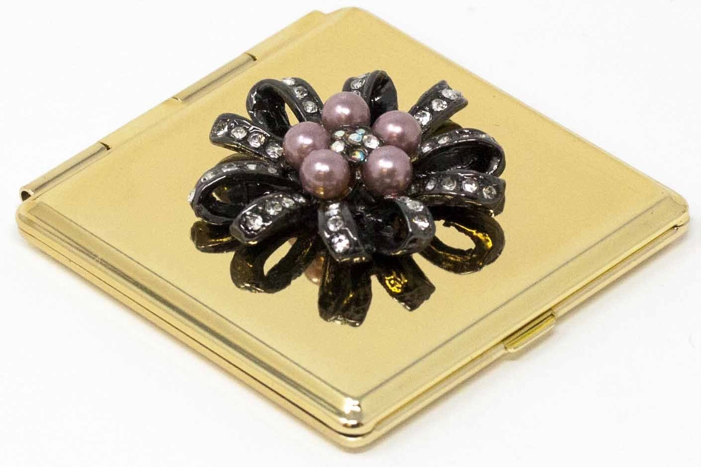 Folding Compact Pocket Makeup Mirror With Swarovski Rhinestone Crystals Double Sided (5x magnification   1x magnification) (Golden Flower (Square))
