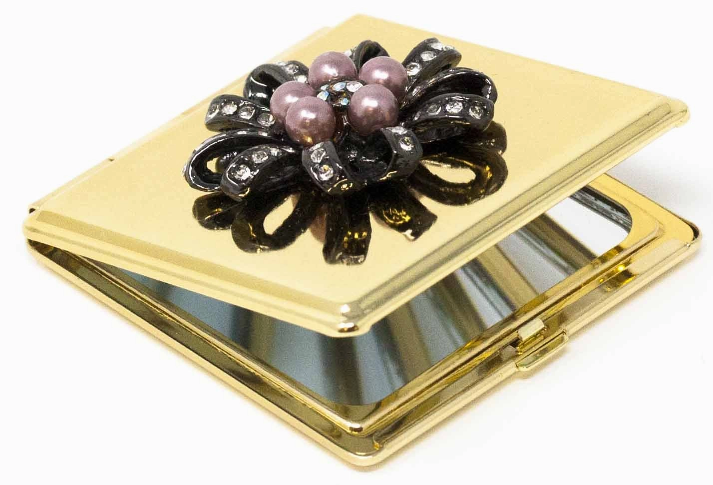 Folding Compact Pocket Makeup Mirror With Swarovski Rhinestone Crystals Double Sided (5x magnification   1x magnification) (Golden Flower (Square))