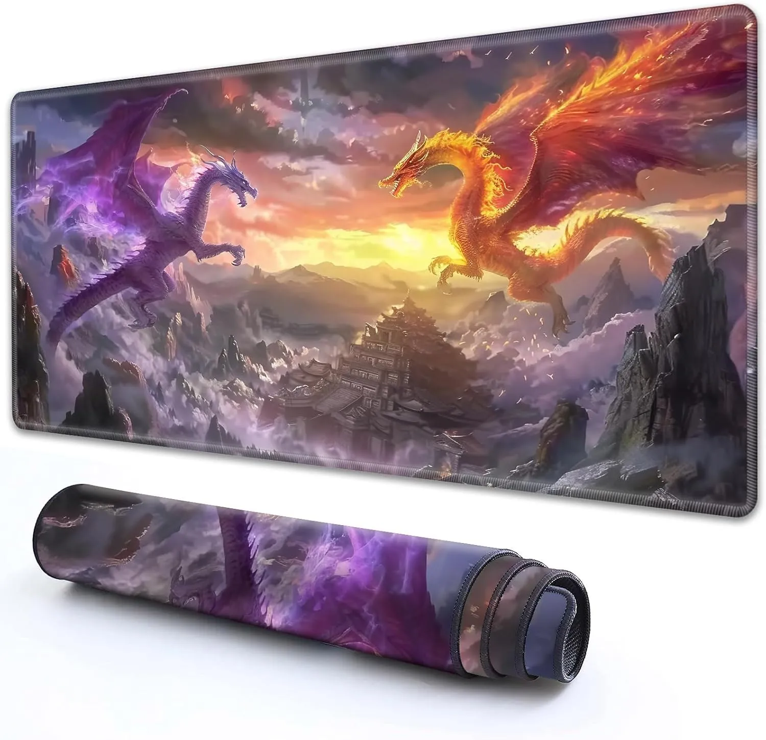for MTG Playmat 24" x 14" with High Elastic Rubber Base Non-Slip Rubber Sole HD Printing for MTG Mat Magic Mat Card Playmat Magic Playmat Gaming Mouse Pad, Orange Purple Dragon Fight