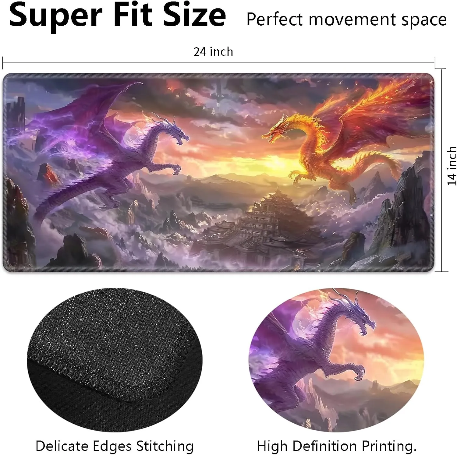 for MTG Playmat 24" x 14" with High Elastic Rubber Base Non-Slip Rubber Sole HD Printing for MTG Mat Magic Mat Card Playmat Magic Playmat Gaming Mouse Pad, Orange Purple Dragon Fight