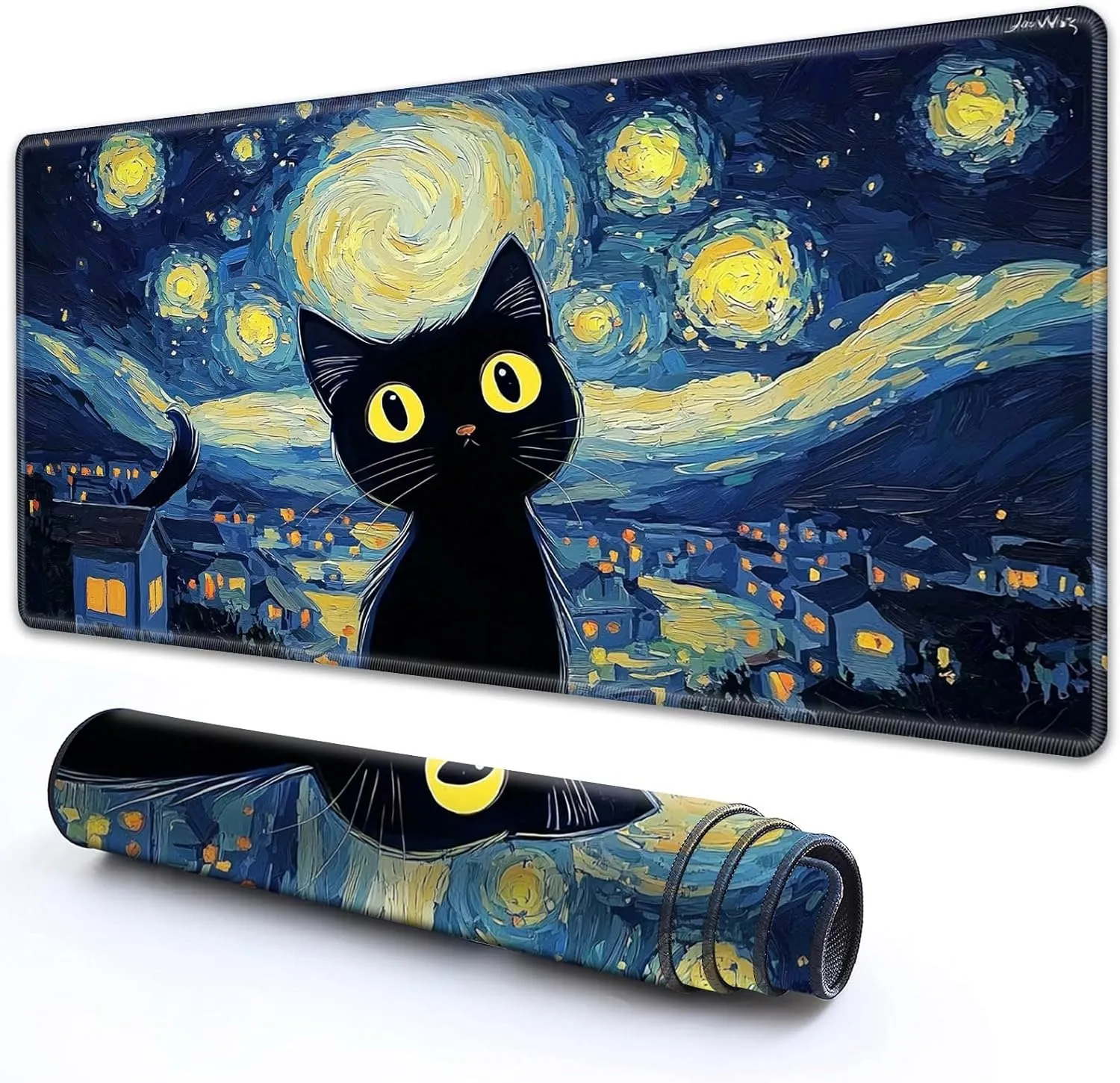 for MTG Playmat 24" x 14" with High Elastic Rubber Base Non-Slip Rubber Sole HD Printing for MTG Mat Magic Mat Card Playmats Magic Playmat Gaming Mouse Pad, Starry Night Black Cat