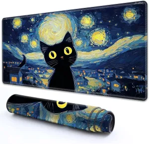 for MTG Playmat 24" x 14" with High Elastic Rubber Base Non-Slip Rubber Sole HD Printing for MTG Mat Magic Mat Card Playmats Magic Playmat Gaming Mouse Pad, Starry Night Black Cat