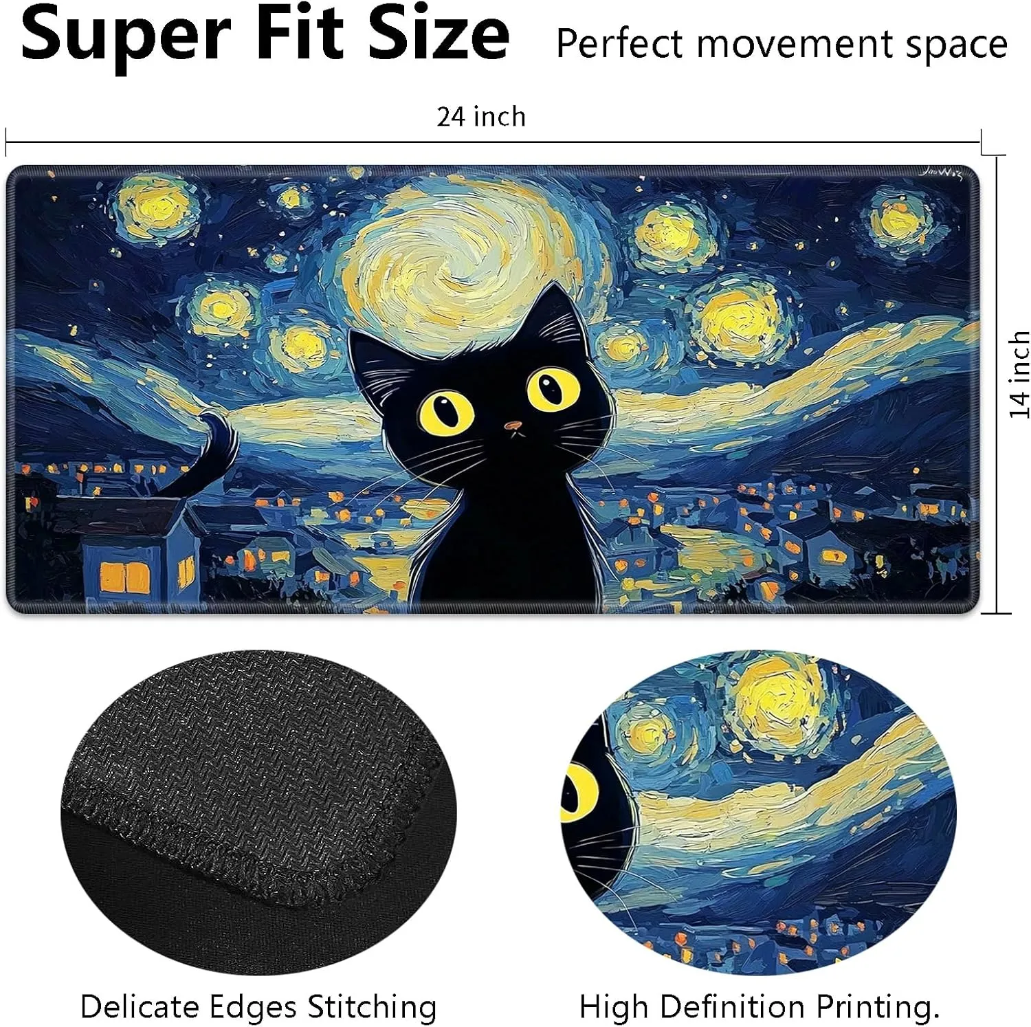 for MTG Playmat 24" x 14" with High Elastic Rubber Base Non-Slip Rubber Sole HD Printing for MTG Mat Magic Mat Card Playmats Magic Playmat Gaming Mouse Pad, Starry Night Black Cat