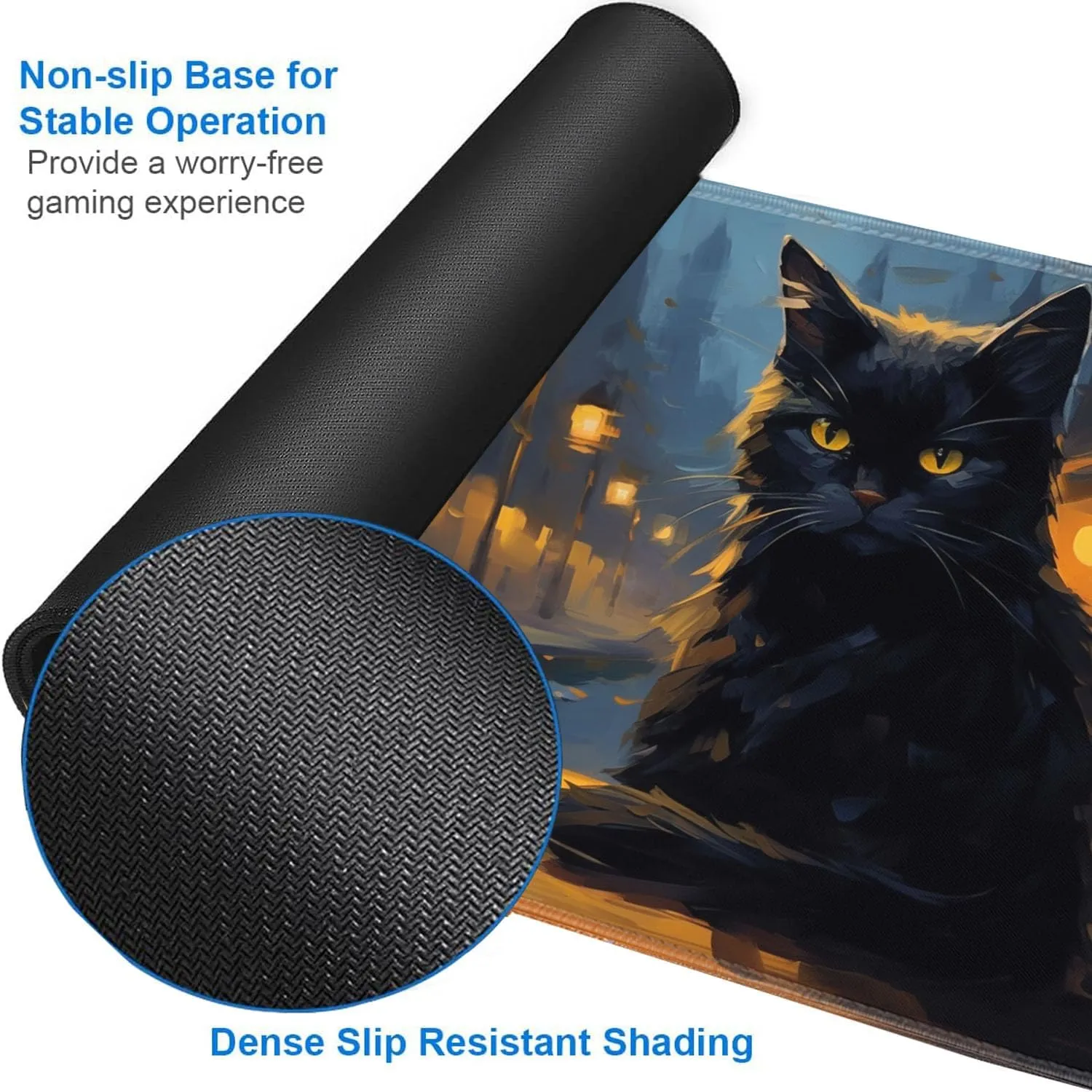 for MTG Playmat   Drawstring Travel Pouch   6 Dice Counter, for Tabletop Trading Card Game Playmats or Large Mouse Pad, Anti-Slip Rubber 24 x 14 in, Black Cat at Cafe at Night for TCG Playmat