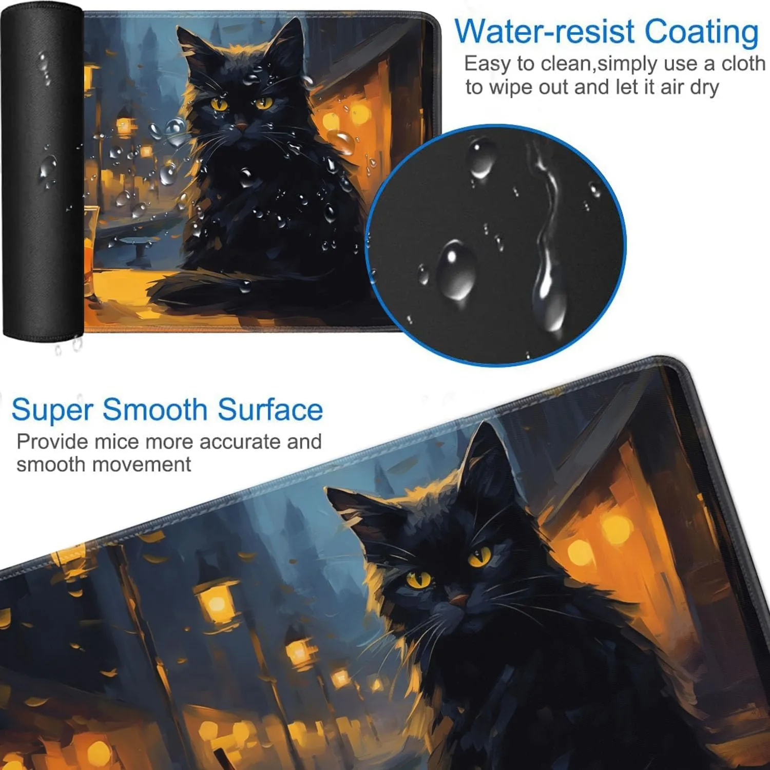 for MTG Playmat   Drawstring Travel Pouch   6 Dice Counter, for Tabletop Trading Card Game Playmats or Large Mouse Pad, Anti-Slip Rubber 24 x 14 in, Black Cat at Cafe at Night for TCG Playmat