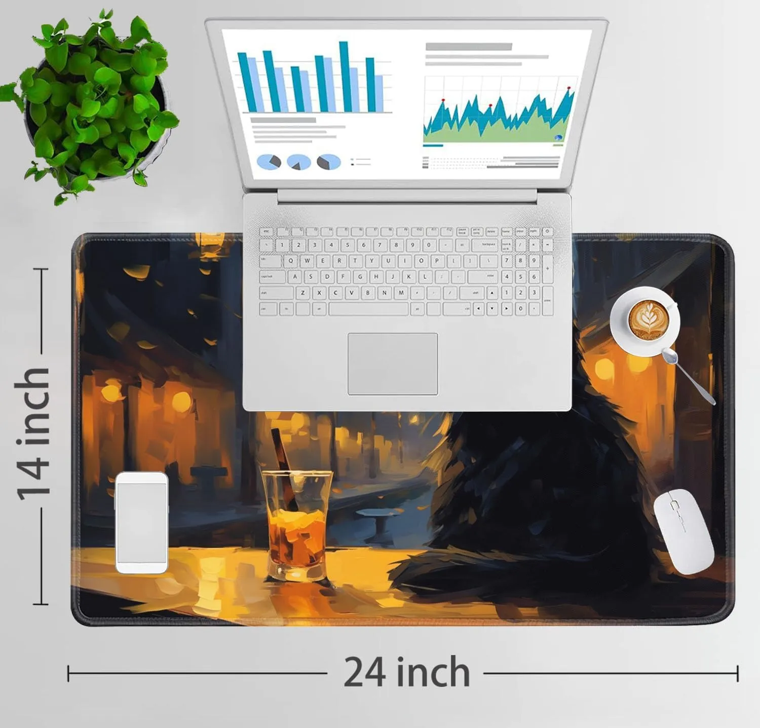for MTG Playmat   Drawstring Travel Pouch   6 Dice Counter, for Tabletop Trading Card Game Playmats or Large Mouse Pad, Anti-Slip Rubber 24 x 14 in, Black Cat at Cafe at Night for TCG Playmat