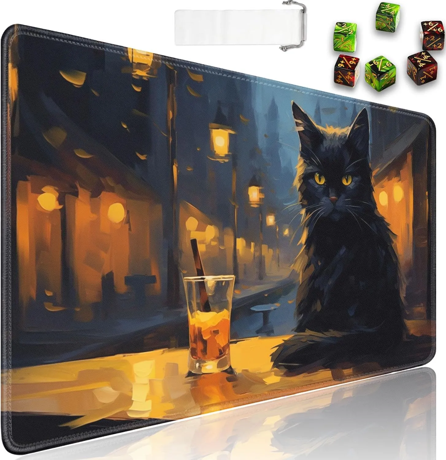 for MTG Playmat   Drawstring Travel Pouch   6 Dice Counter, for Tabletop Trading Card Game Playmats or Large Mouse Pad, Anti-Slip Rubber 24 x 14 in, Black Cat at Cafe at Night for TCG Playmat