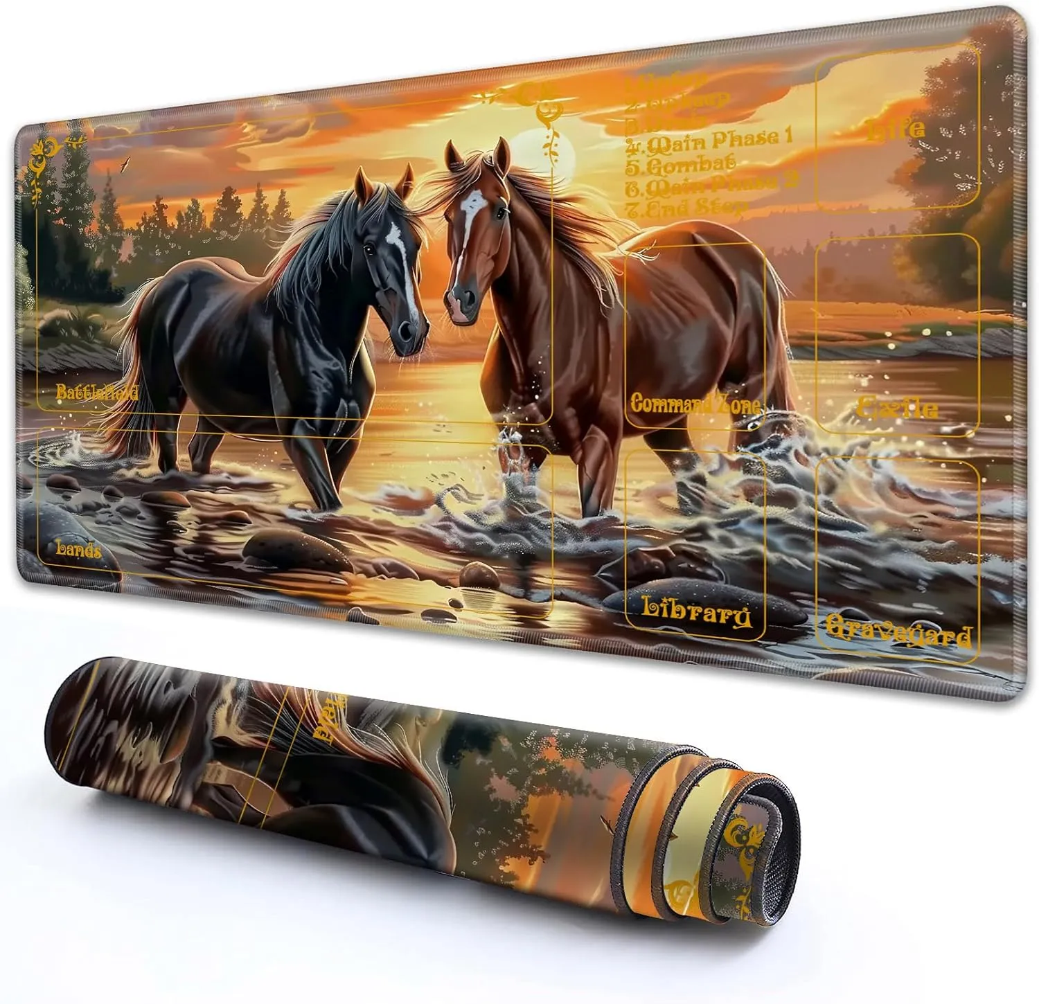 for MTG Playmat with Zones 24" x 14" with High Elastic Rubber Base Non-Slip Rubber Sole HD Printing for MTG Mat Magic Mat Card Playmat Magic Playmat Mouse Pad, Horses Playing in The River
