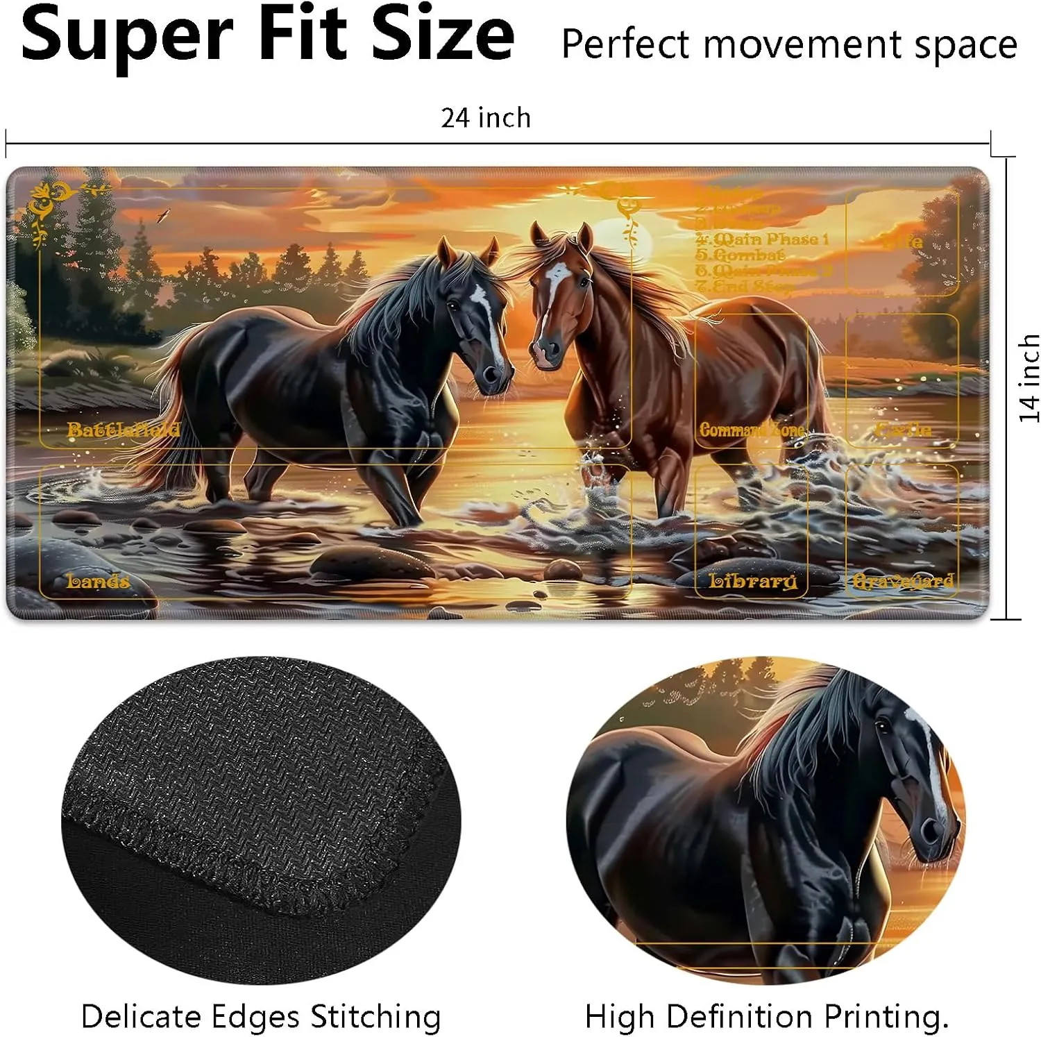 for MTG Playmat with Zones 24" x 14" with High Elastic Rubber Base Non-Slip Rubber Sole HD Printing for MTG Mat Magic Mat Card Playmat Magic Playmat Mouse Pad, Horses Playing in The River