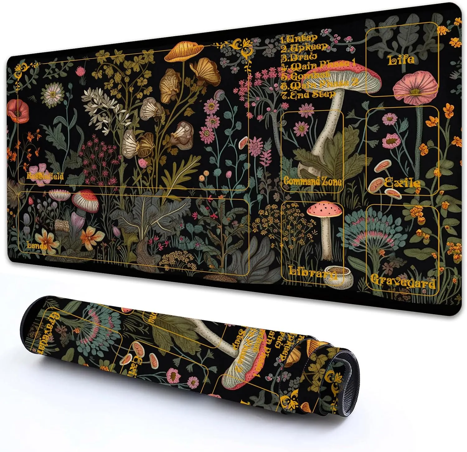 for MTG Playmat with Zones 24" x 14" with High Elastic Rubber Base Non-Slip Rubber Sole HD Printing for MTG Mat Magic Mat Card Playmat Magic Playmat Mouse Pad, Mushroom Flower