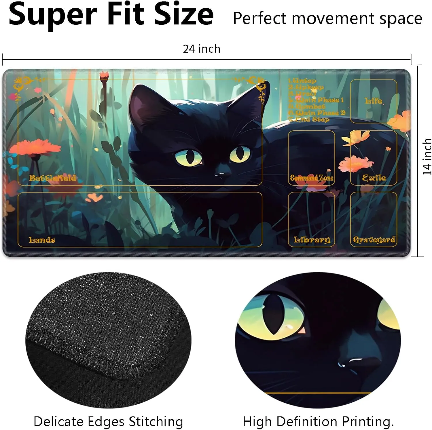 for MTG Playmat with Zones 24" x 14" with High Elastic Rubber Base Non-Slip Rubber Sole HD Printing for MTG Mat Magic Mat Card Playmat Magic Playmats, Black Cat in The Flowers