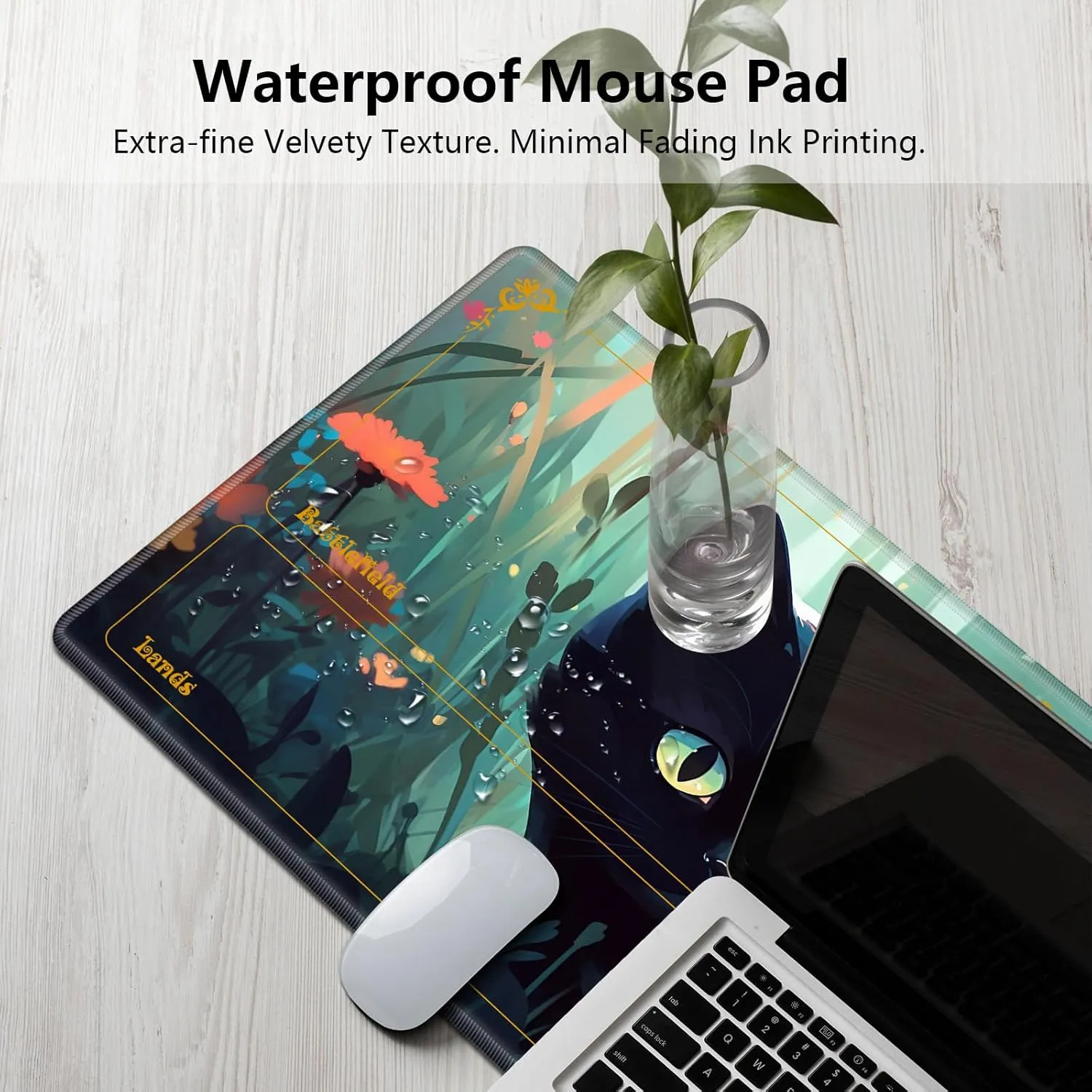 for MTG Playmat with Zones 24" x 14" with High Elastic Rubber Base Non-Slip Rubber Sole HD Printing for MTG Mat Magic Mat Card Playmat Magic Playmats, Black Cat in The Flowers