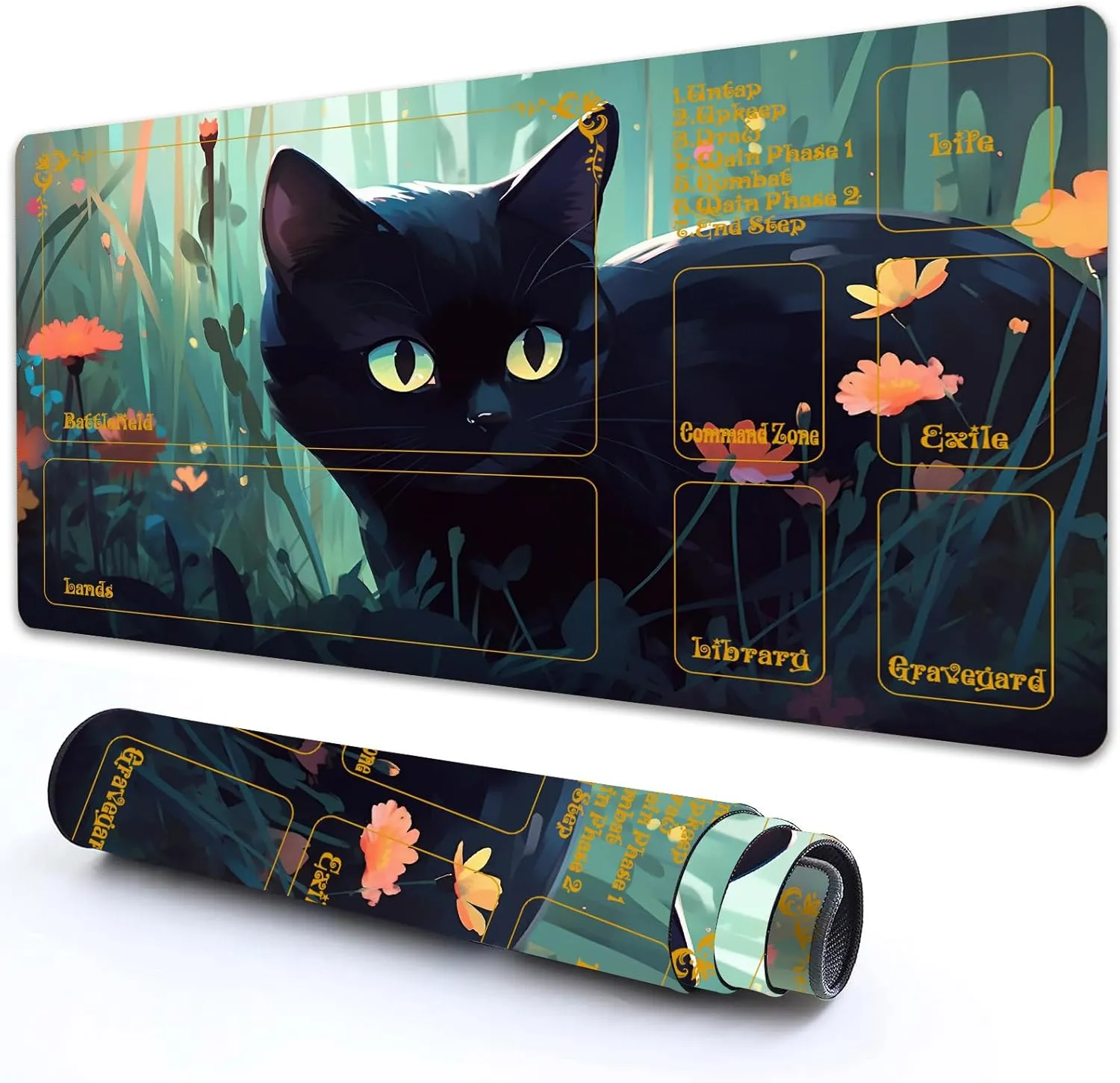 for MTG Playmat with Zones 24" x 14" with High Elastic Rubber Base Non-Slip Rubber Sole HD Printing for MTG Mat Magic Mat Card Playmat Magic Playmats, Black Cat in The Flowers