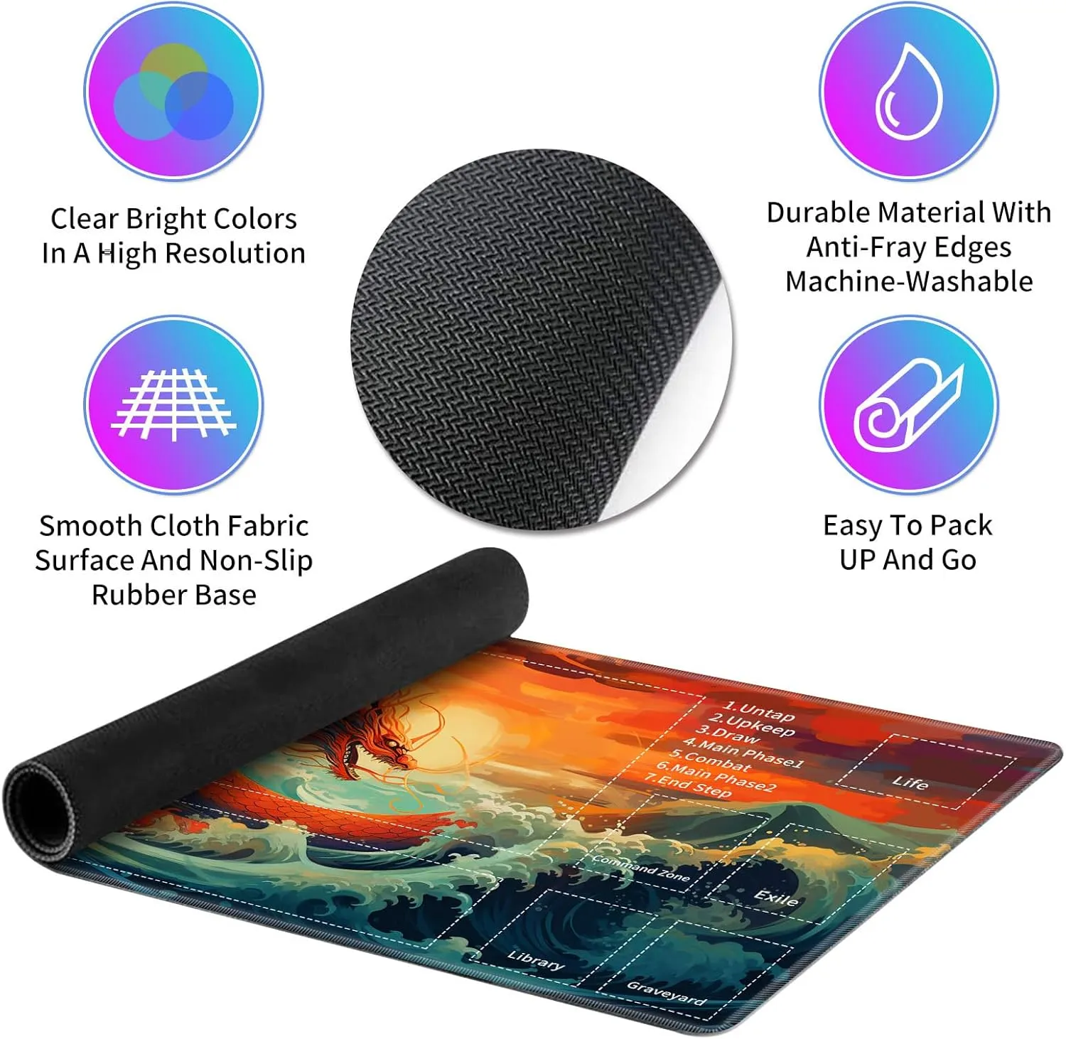 for MTG TCG Playmat,Game Play Mat for MTG TCG DTCG CCG RPG and Other Card Games/Mouse Pad 24 x 14 inches Trading Card Game Board Game with Zones and Non Slip Rubber Backing,Dragon Ocean