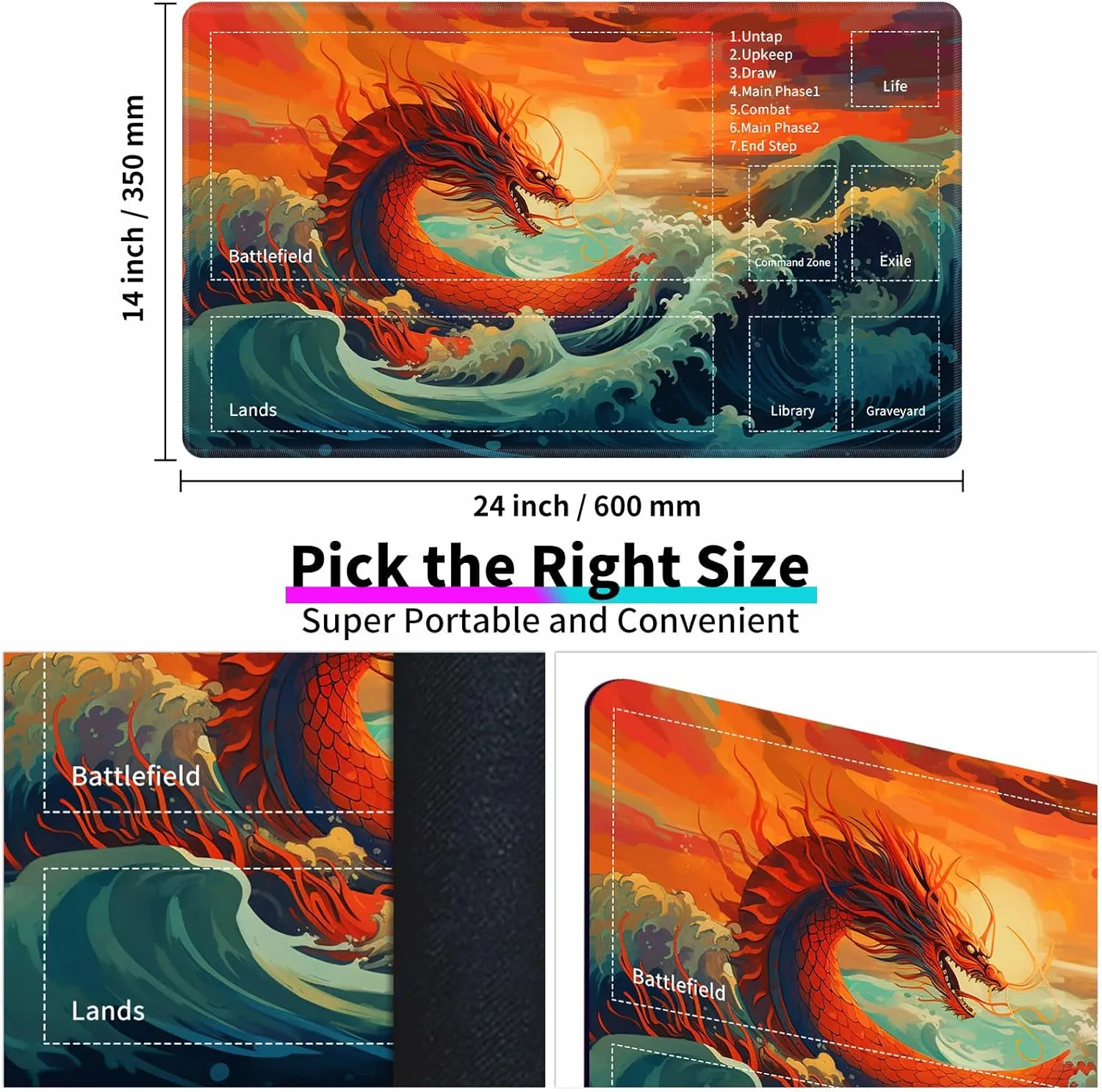 for MTG TCG Playmat,Game Play Mat for MTG TCG DTCG CCG RPG and Other Card Games/Mouse Pad 24 x 14 inches Trading Card Game Board Game with Zones and Non Slip Rubber Backing,Dragon Ocean