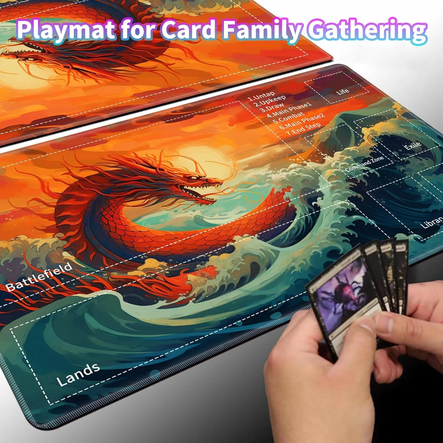 for MTG TCG Playmat,Game Play Mat for MTG TCG DTCG CCG RPG and Other Card Games/Mouse Pad 24 x 14 inches Trading Card Game Board Game with Zones and Non Slip Rubber Backing,Dragon Ocean