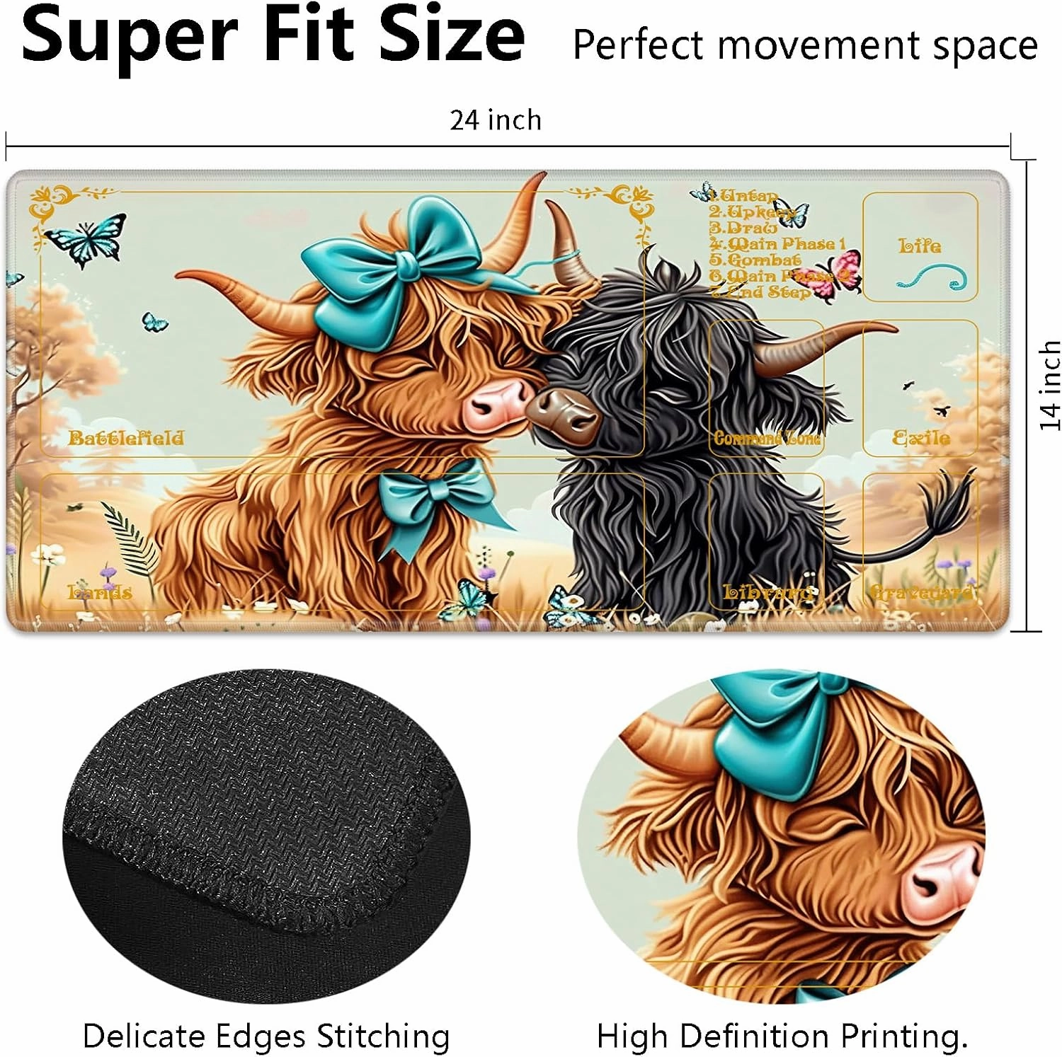 for MTG Playmat with Zones 24" x 14" with High Elastic Rubber Base Non-Slip Rubber Sole HD Printing for MTG Mat Magic Mat Card Playmats Magic Playmat Mouse Pad, A Cute Highland Cow Couple