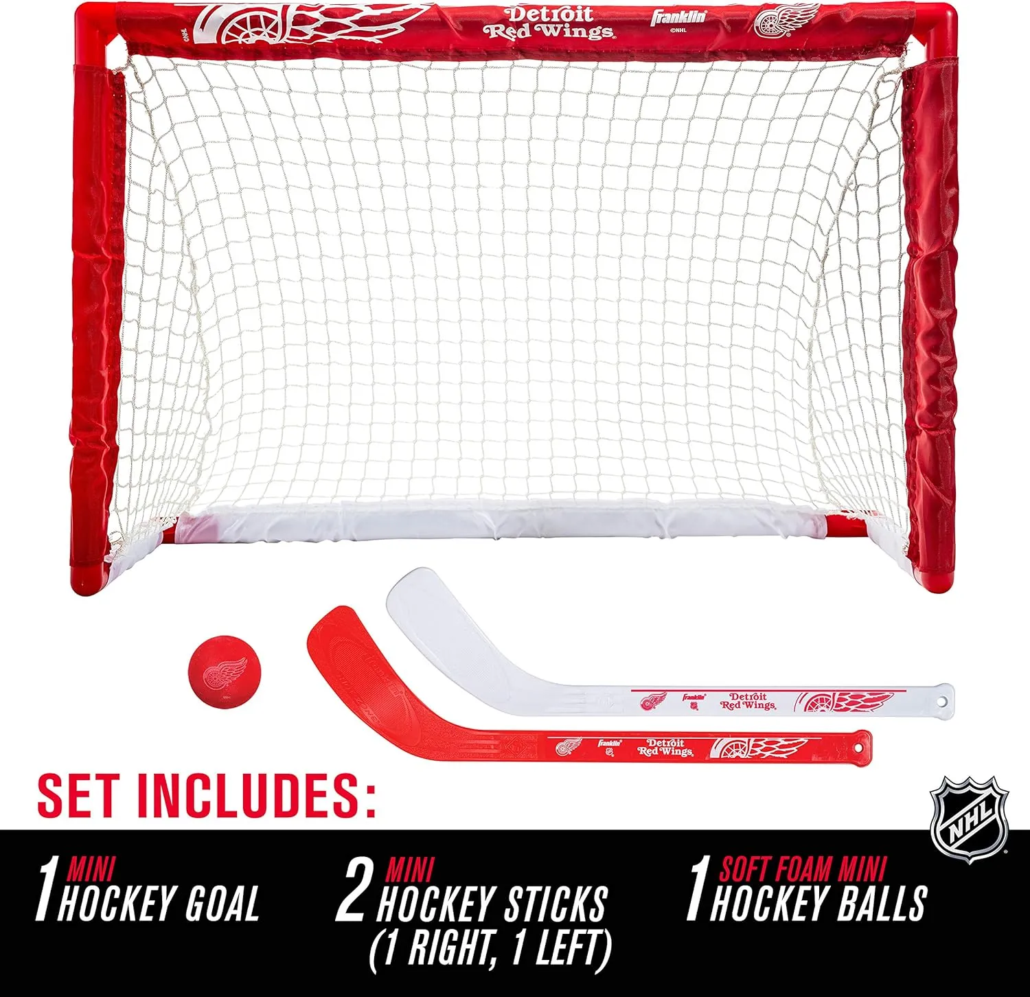 Franklin Sports NHL Mini Hockey Set - Kids Indoor Knee Hockey Goal, Ball,   2 Stick Combo - Youth Team Indoor Toy Set - Official - Ages 3 