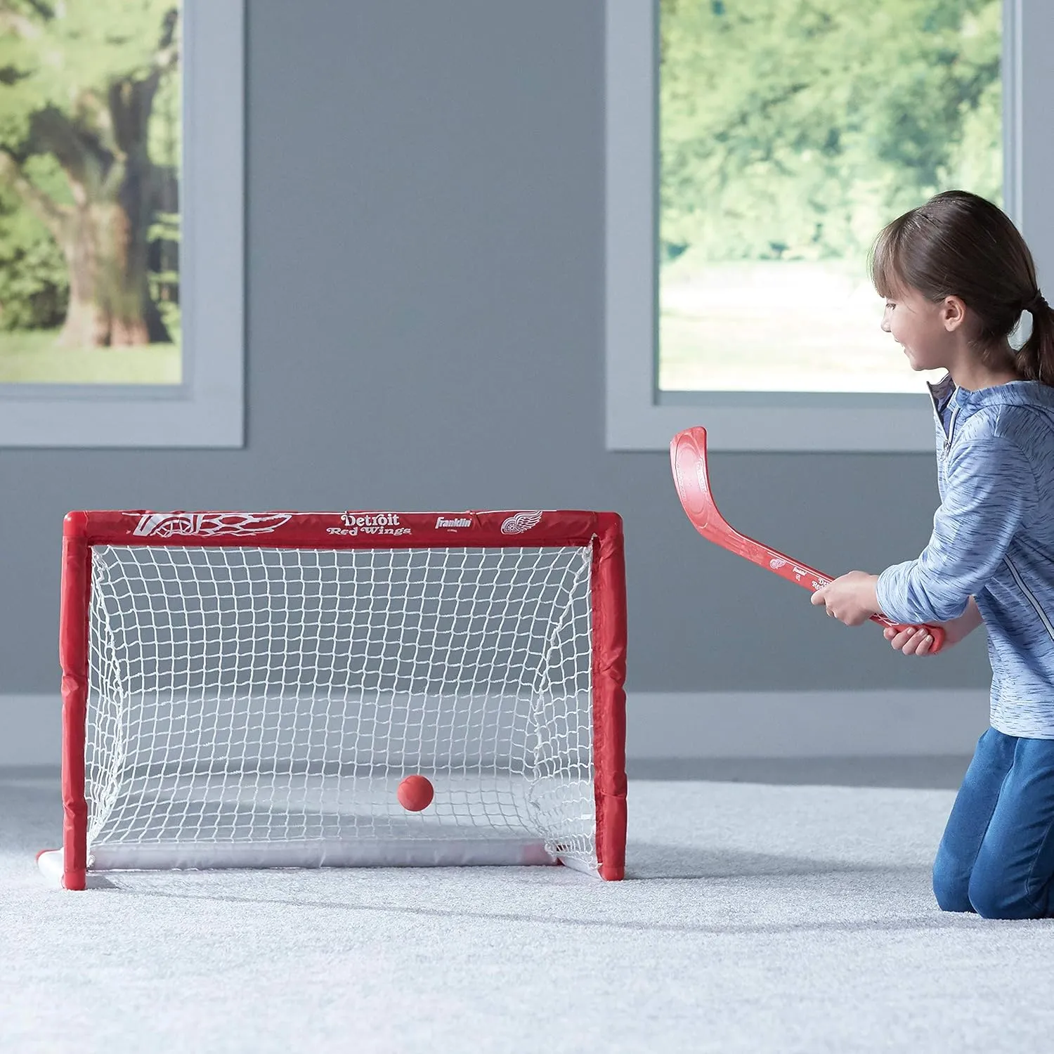 Franklin Sports NHL Mini Hockey Set - Kids Indoor Knee Hockey Goal, Ball,   2 Stick Combo - Youth Team Indoor Toy Set - Official - Ages 3 