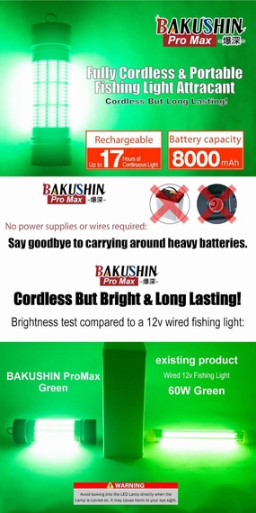 FUNKS Underwater LED Fishing Light Rechargeable Portable Cordless Submersible Battery Powered Night Fishing Bakushin Pro Max 6000 Lumines Fish Attracting Light
