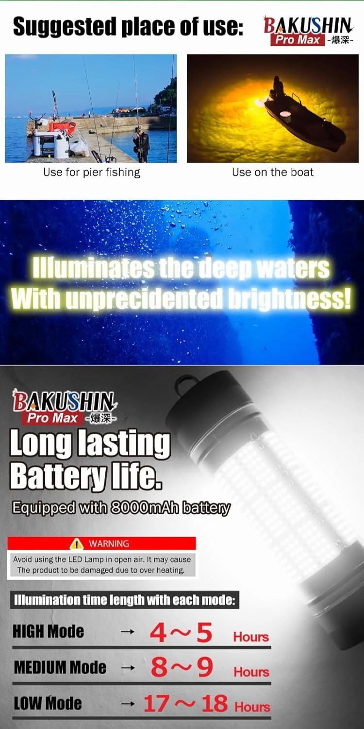 FUNKS Underwater LED Fishing Light Rechargeable Portable Cordless Submersible Battery Powered Night Fishing Bakushin Pro Max 6000 Lumines Fish Attracting Light