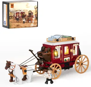 FUNWHOLE Western Stagecoach Lighting Building-Bricks Set - Old West Carriage and Horse 293 Pcs Collection Display Set for West Lovers