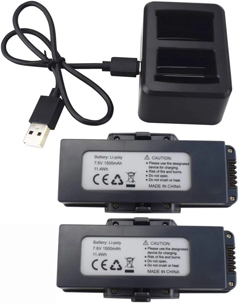 Fytoo Accessories 2PCS 7.6V 1500mah Lithium Battery &1PCS 2 in 1 Charger for MJX B7 Bugs 7 Folding Aerial Helicopter RC Drone Lithium Battery