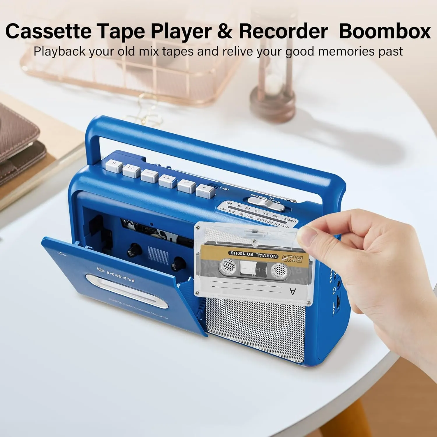 G Keni Portable Cassette Player Boombox AM/FM Radio Stereo, Casette Tape Player Recorder with Earphone Jack Battery Operated or AC Powered (Blue)