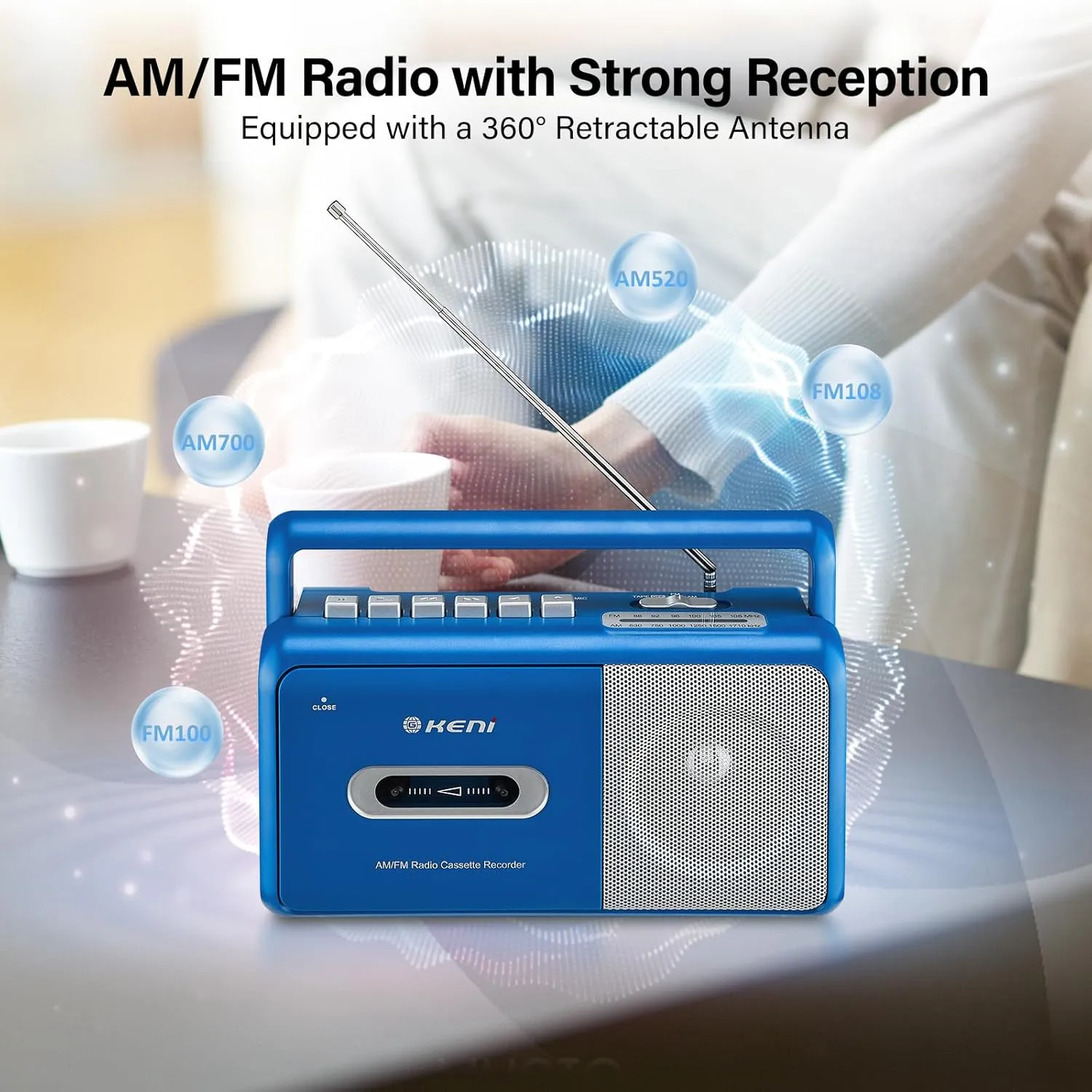 G Keni Portable Cassette Player Boombox AM/FM Radio Stereo, Casette Tape Player Recorder with Earphone Jack Battery Operated or AC Powered (Blue)