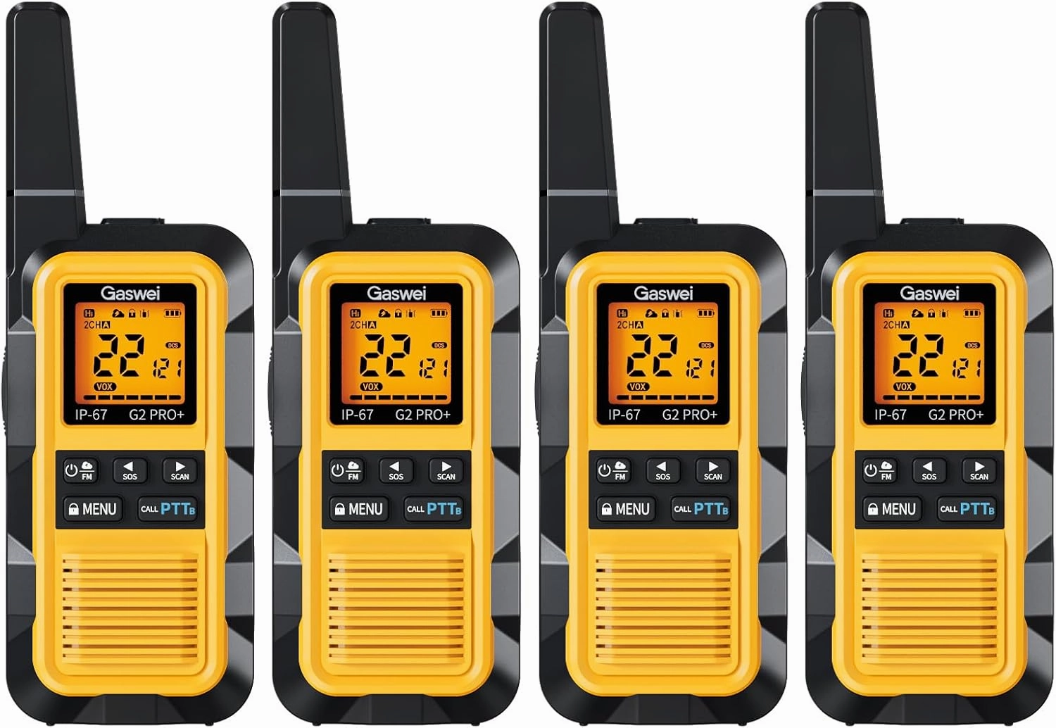 G2Pro  IP67 Waterproof Floating Walkie Talkies with Double PTT, FM Radio, SOS & NOAA Weather Alerts, 2W Long Range Two-Way Radios for Adults, VOX Enabled, Rechargeable Lithium Battery (4 Pack)