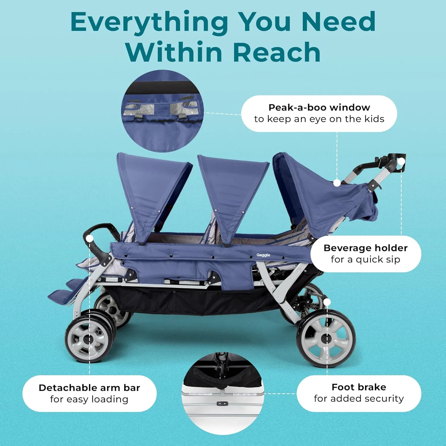 Gaggle by Foundations Jamboree 6 Seat Multi-Child Stroller with UV Blocking Canopies | Reclining Seats | 5-Point Safety Harness | Compact Fold for Daycares, Parks & Travel | Blue