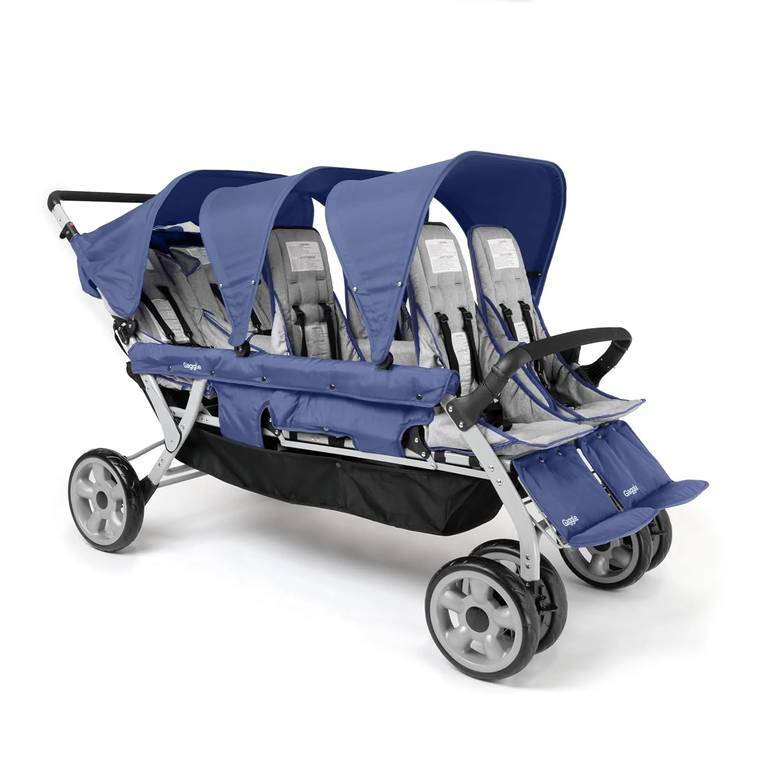 Gaggle by Foundations Jamboree 6 Seat Multi-Child Stroller with UV Blocking Canopies | Reclining Seats | 5-Point Safety Harness | Compact Fold for Daycares, Parks & Travel | Blue