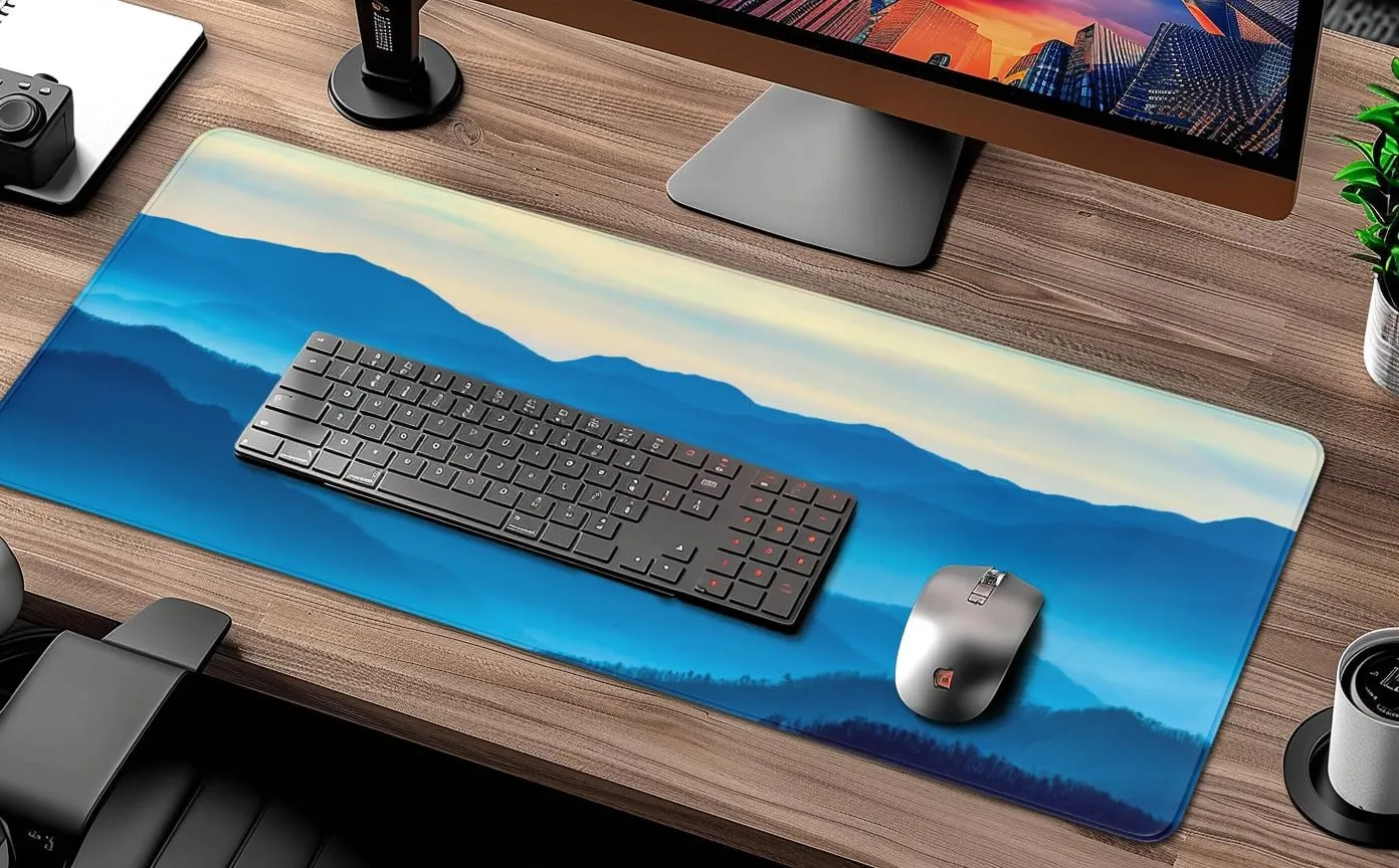 Gaming Mouse Pads for Desk, Great Smoky Mountains Landscape Mousepad with Seamed Edges and Non-Slip Base, Keyboard Desk Mat for Work, Game, Office, Home, 31.5 X 11.8 Inch, 3mm Thick